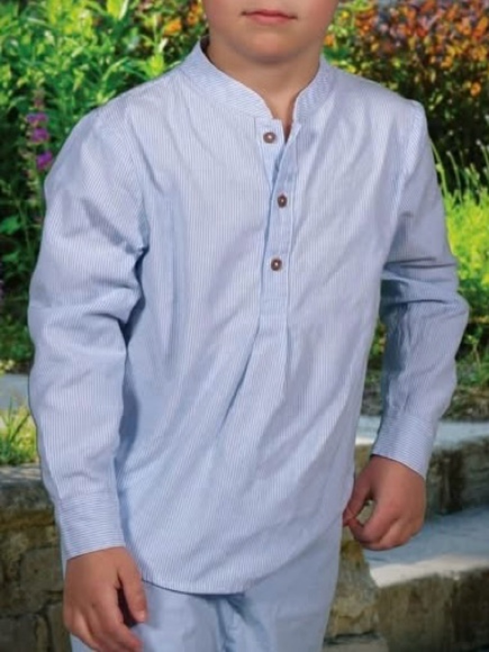 Edgehill Collection Light Blue Striped Band Collar Shirt